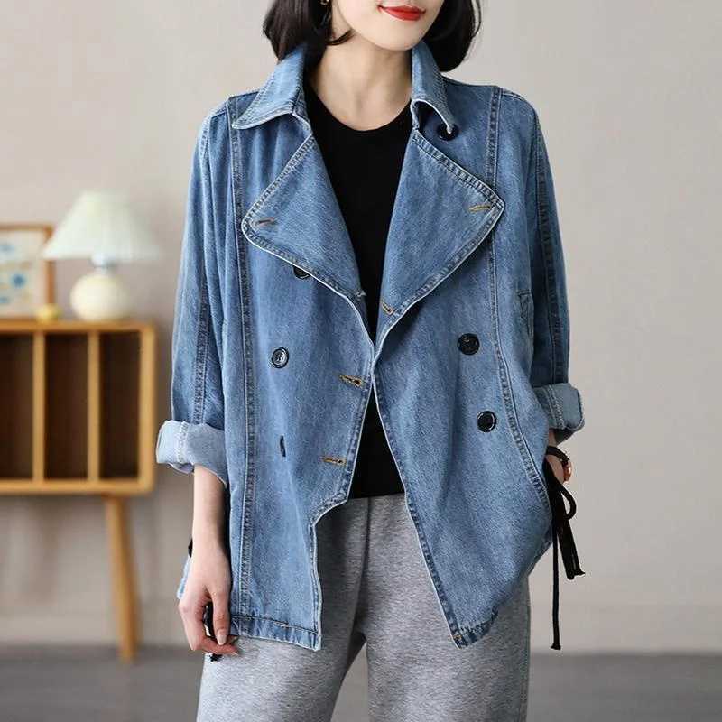 2022 Loose Double-breasted Denim Jacket Women Spring Autumn Drawstring Coat Lady Casual Tops Fashion Jean Outerwear WindbreakerX240920