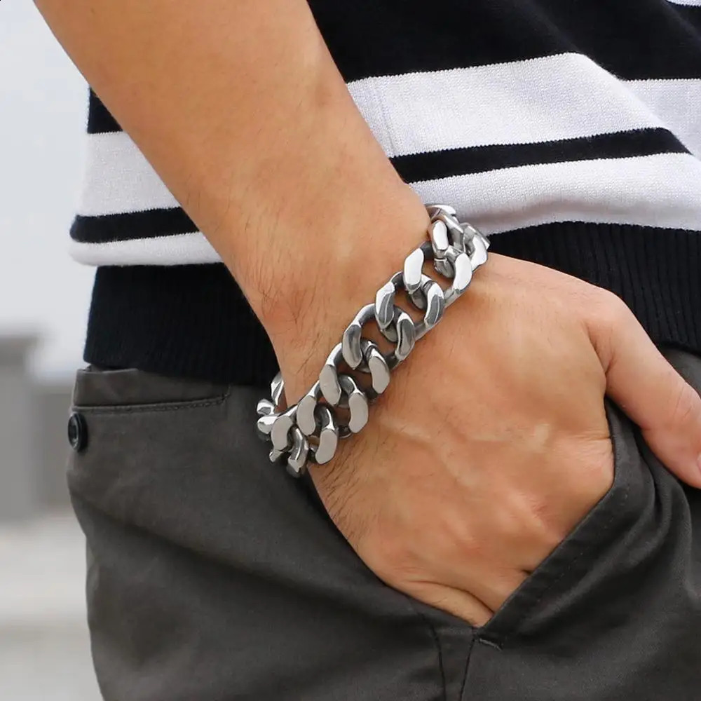 High quality mens silvergoldblack curly Cuban chain bracelet 316L stainless steel 20MM 22CM 240912