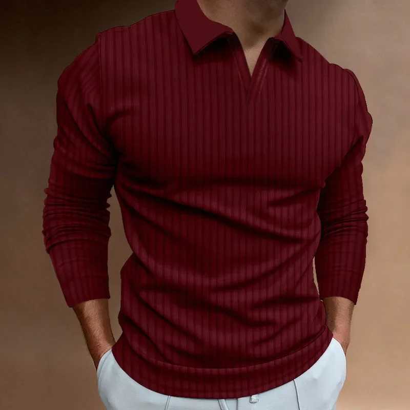 Mens Polo Shirt Cross-border European American Trade Autumn Fitness Business Stand Collar Sleeve Stripe V-neck Polo ShirtX240920