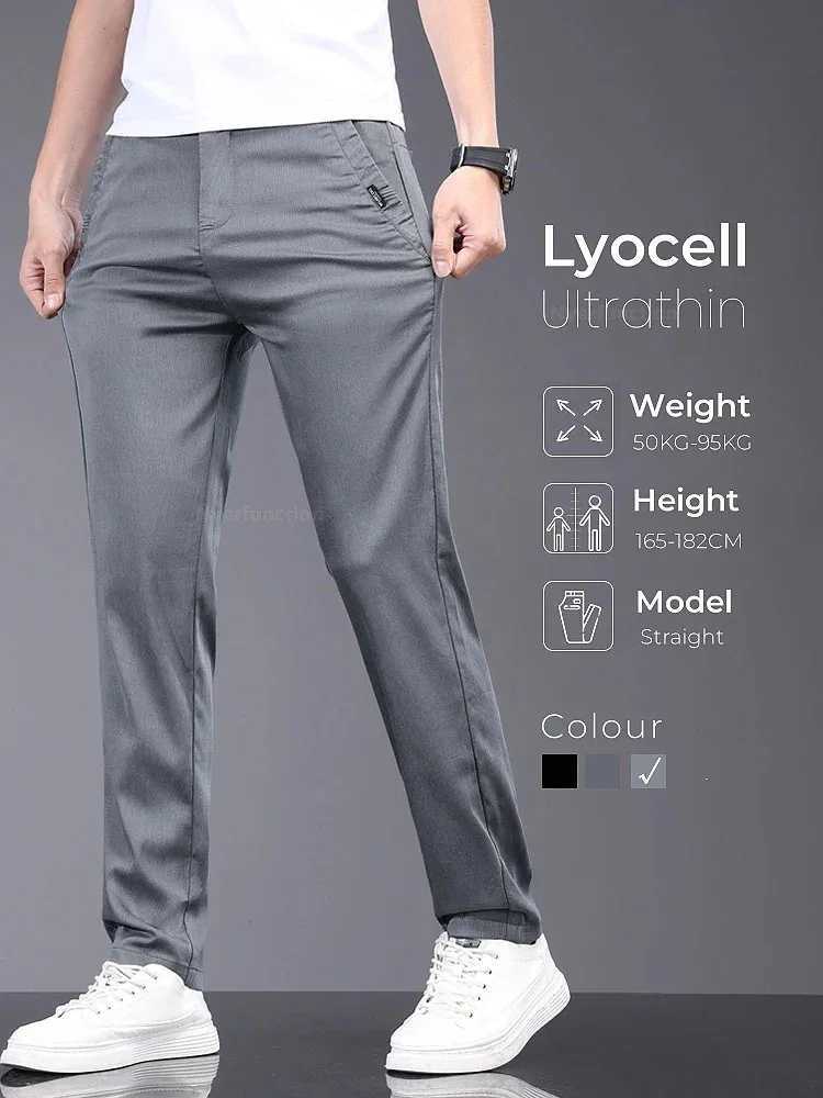 Mens pants soft and elastic Lyocell fabric summer clothing casual pants thin elastic waist slim fit mens pants W240919