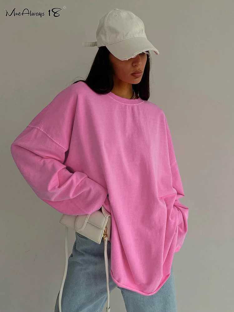 Mnealways18 Pink Oversize Tee Shirts Streetwear Round Neck Long Sleeve Casual Pullover Tops Women Autumn Thin T-Shirts Lady M240920