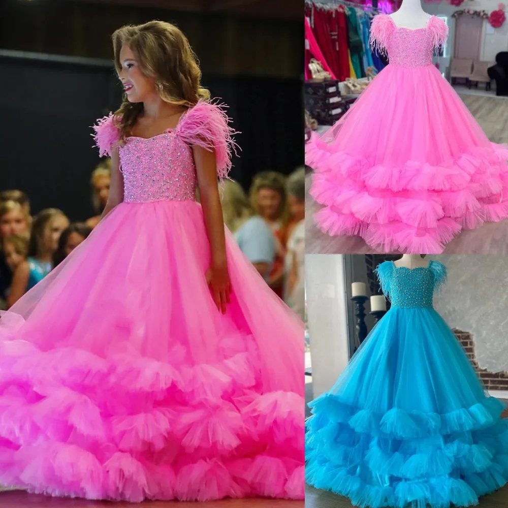 Princess Girls Pageant Dresses Crystals Beaded Feather Sleeves Ruffles Floor Length Puffy Pink Tulle Birthday Party Formal Wear For Kids 2025 Wedding 