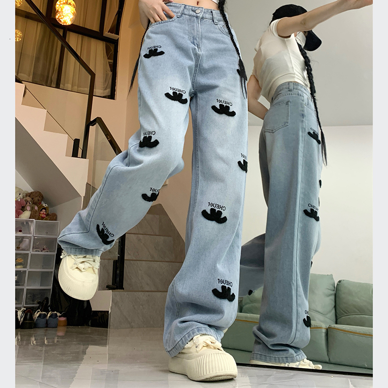 2026 Women Spring New High Waist Denim Straight Jeans Lady Embroidery Designer Casual Pants Girls Light Blue Wide Leg Trousers