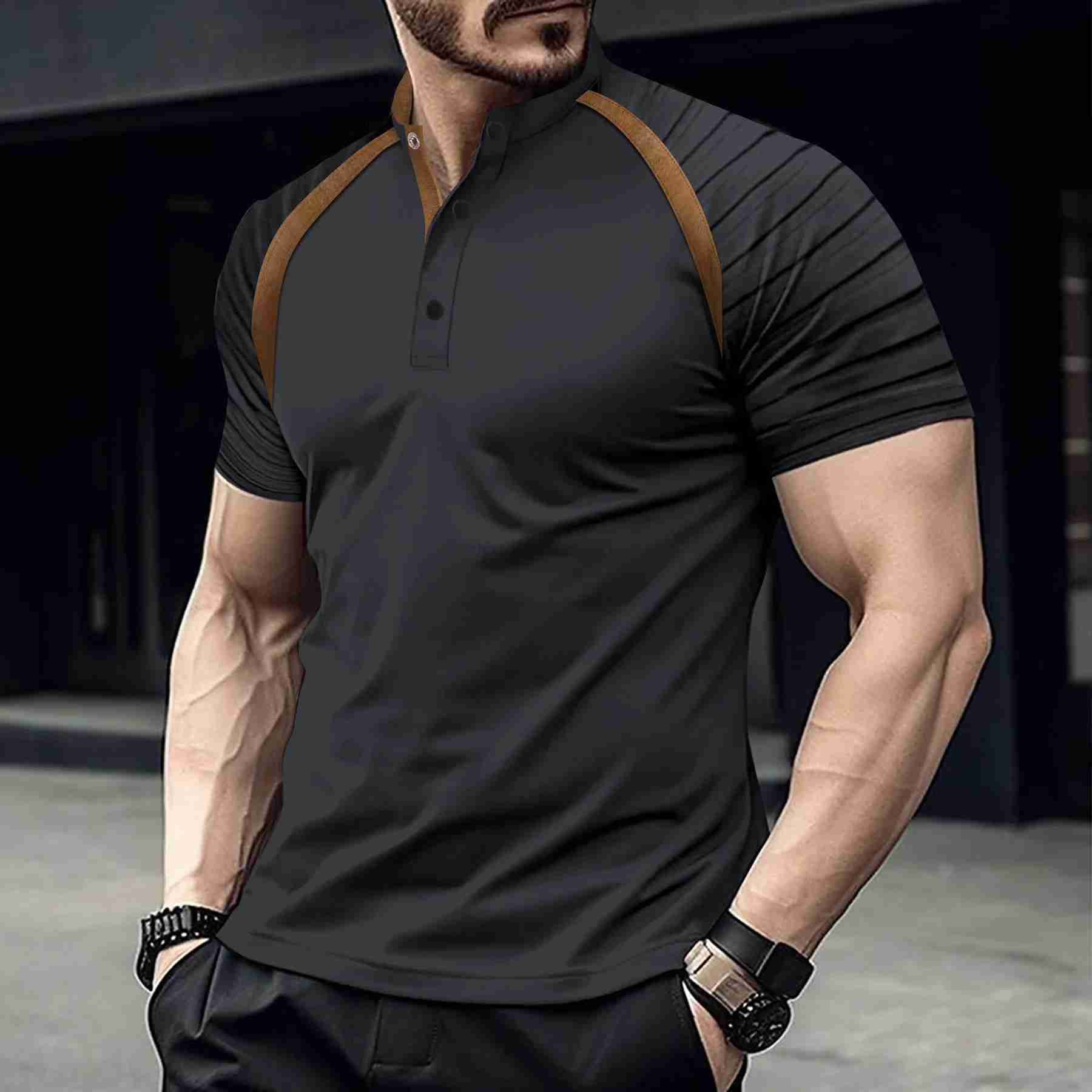 Mens Casual Summer POLO Shirt Stand Collar Spliced Retro Arm Stripes High Quality Comfortable Mens Loose Sports POLO ShirtXJ240920