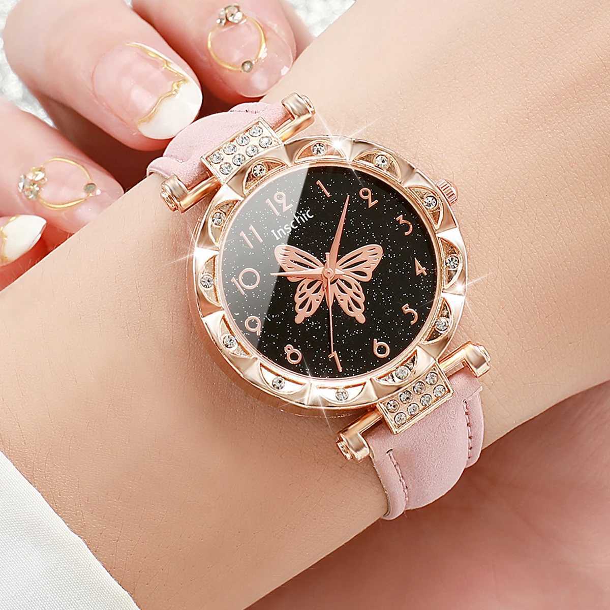 2PCs/Set Women Butterfly Dial Watch Black Pink Color Leather Strap Quartz WatchX240920