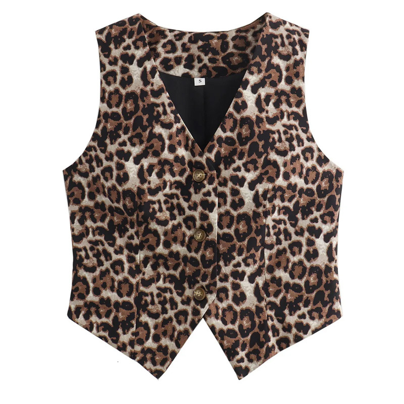 TRAF Leopard Women Vintage Sleeveless Woman Outerwears Animal Print Cropped Suit Vest V Neck Waistcoat Short Coats