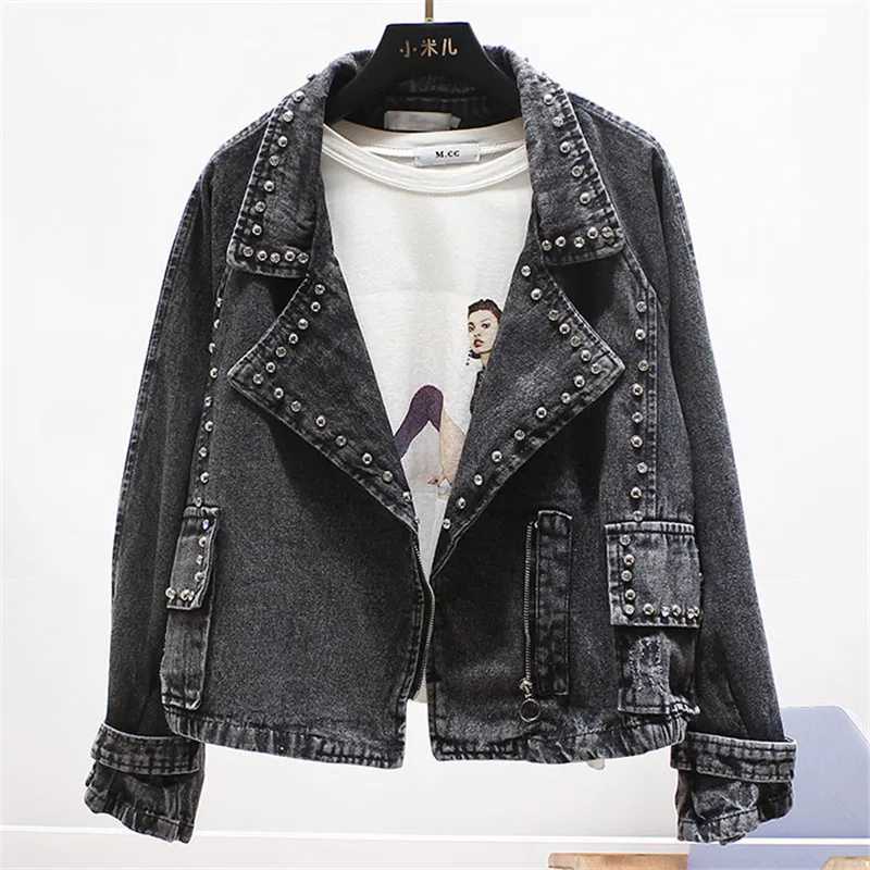 Vintage Black Denim Jacket Rivets Boyfriend Casual Jeans Outerwear Denim Coat Ladies Beads Loose Short High Street Jeans JacketsX240920