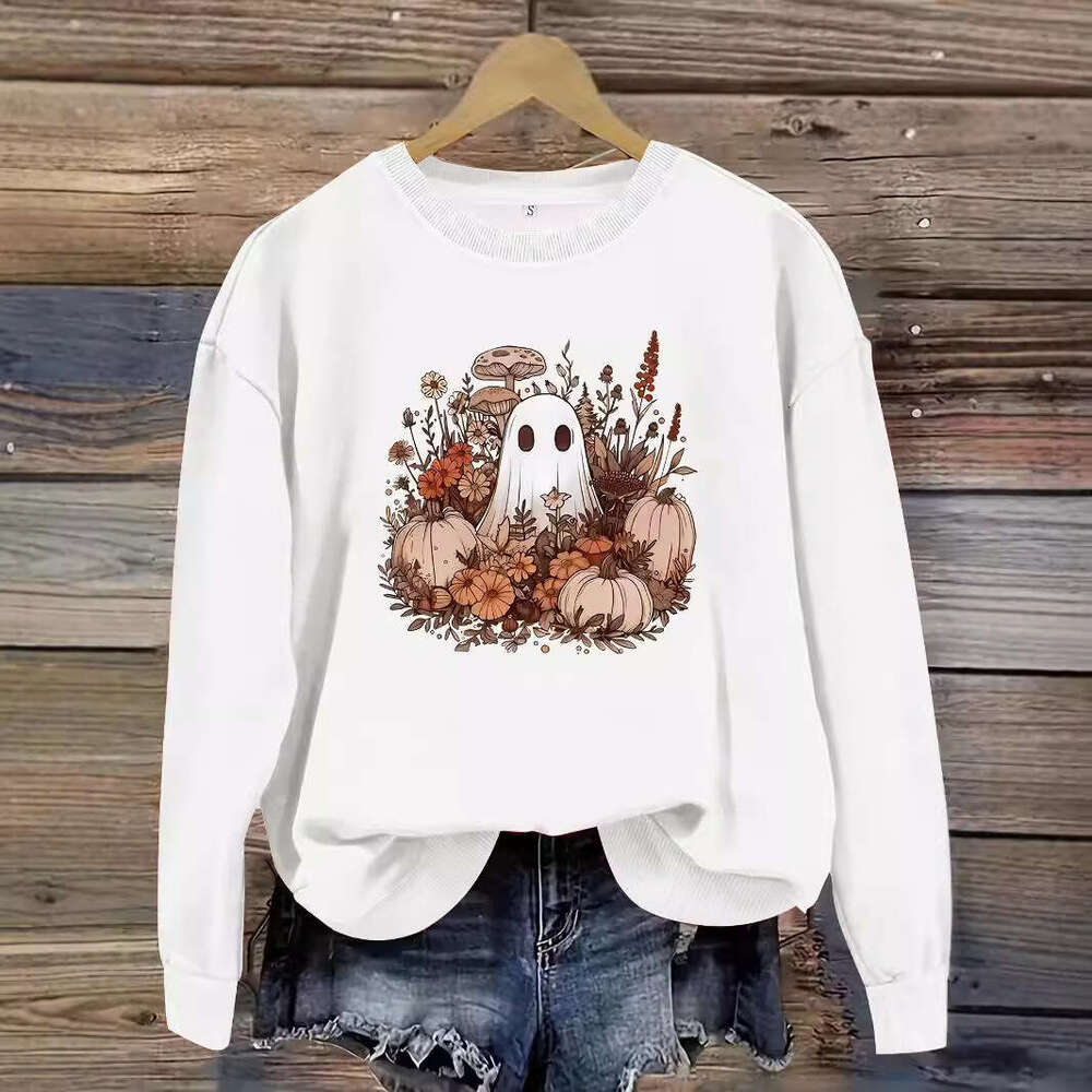 Hallowmas Autumn and Winter Womens Casual Long Sleeved Round Neck Cartoon Ghost Print Pullover Sweatshirt Hoodie Defined Jacket Jackets Womens Autumn 