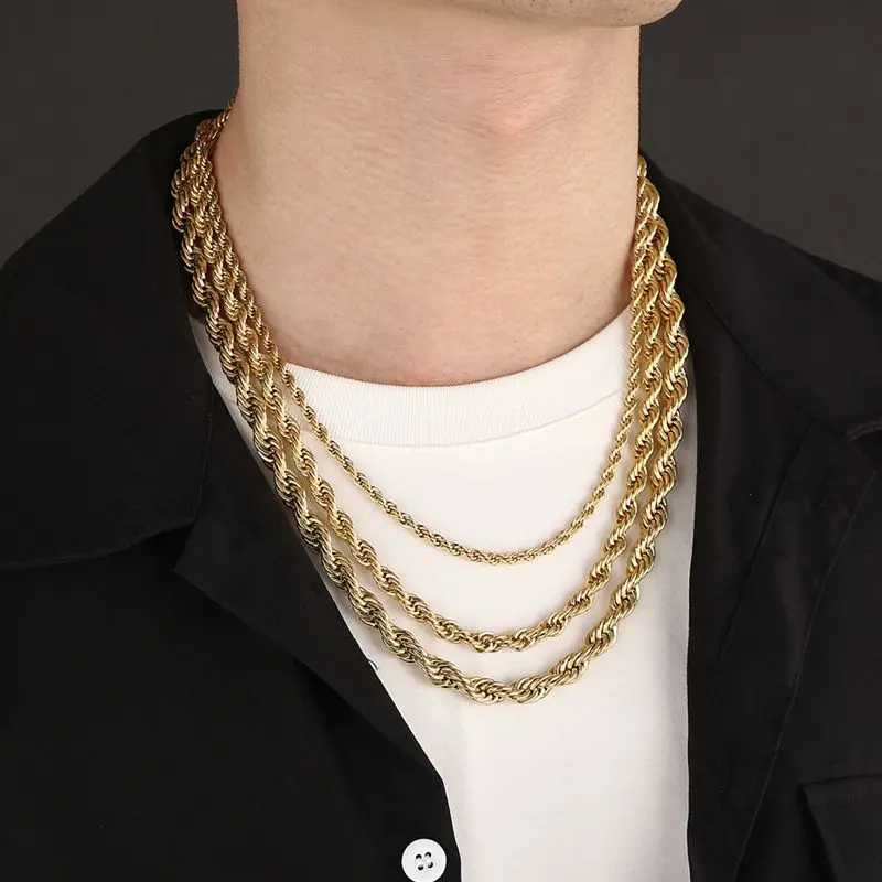 4/6/8mm Width Long Stainless Steel Minimalist Twist Rope Chain Necklace For Men Available in Gold Color JewelryX240919