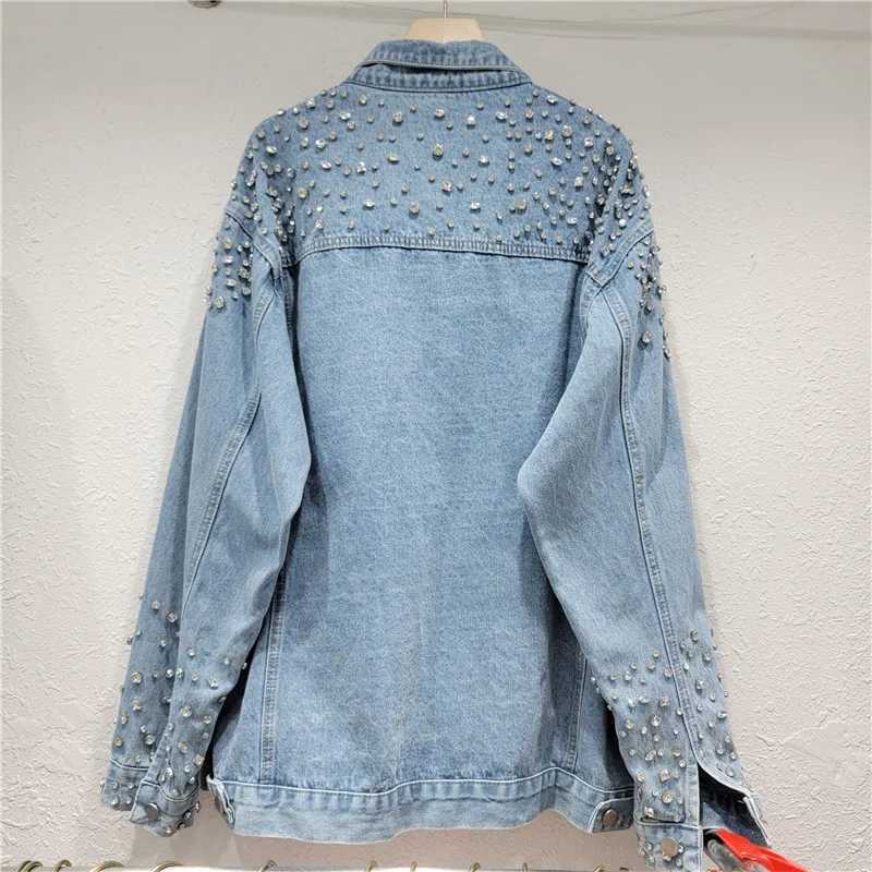 Women Diamonds Beaded Denim Jacket Retro Washed Crystal Jeans Coat Long Sleeved Rhinestones Cowboy Cardigan Single Breasted TopsX240920