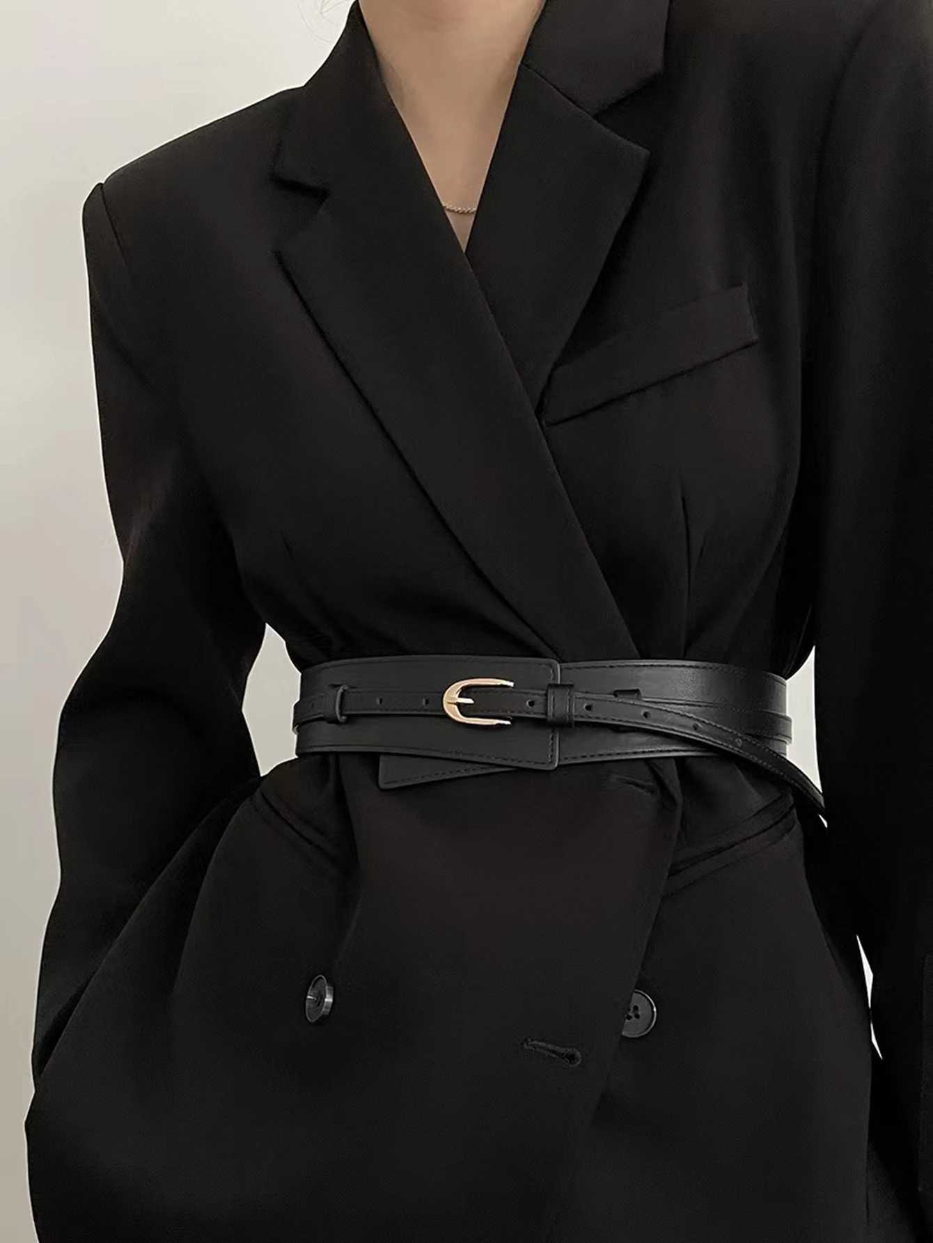 Womens double belt wool coat black waist wide elastic tight belt fashionable tie sweater belt W240920