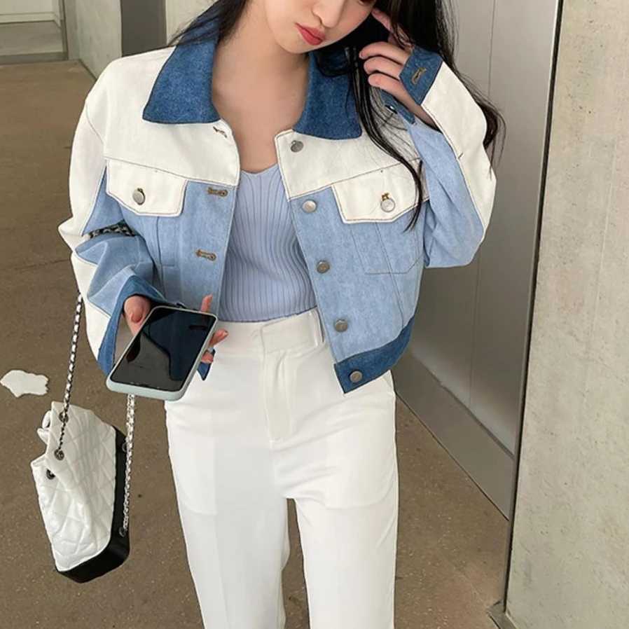 Autumn Fashion Patchwork Denim Jacket New Lapel Contrast Color Casual Traff Woman 2024 Coat Long Sleeves Slim Womens JacketsX240920