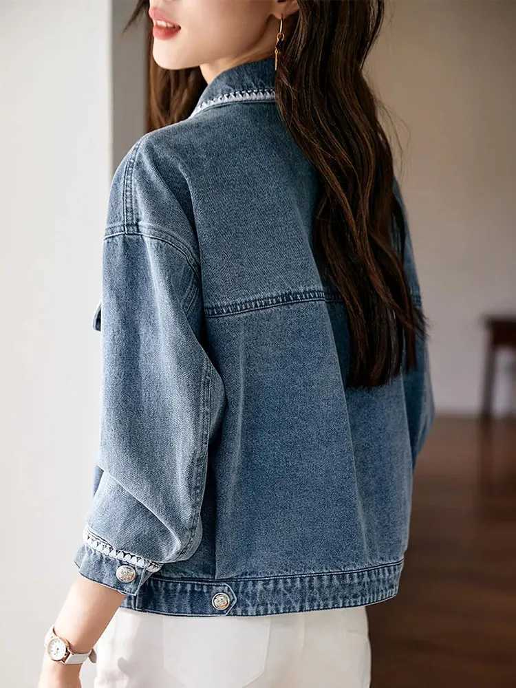 Women Vintage Lapel Loose Denim Jackets Korean Fashion Long Sleeve Jean Coats Spring Fall Casual Single Breasted Abrigos TopsX240920