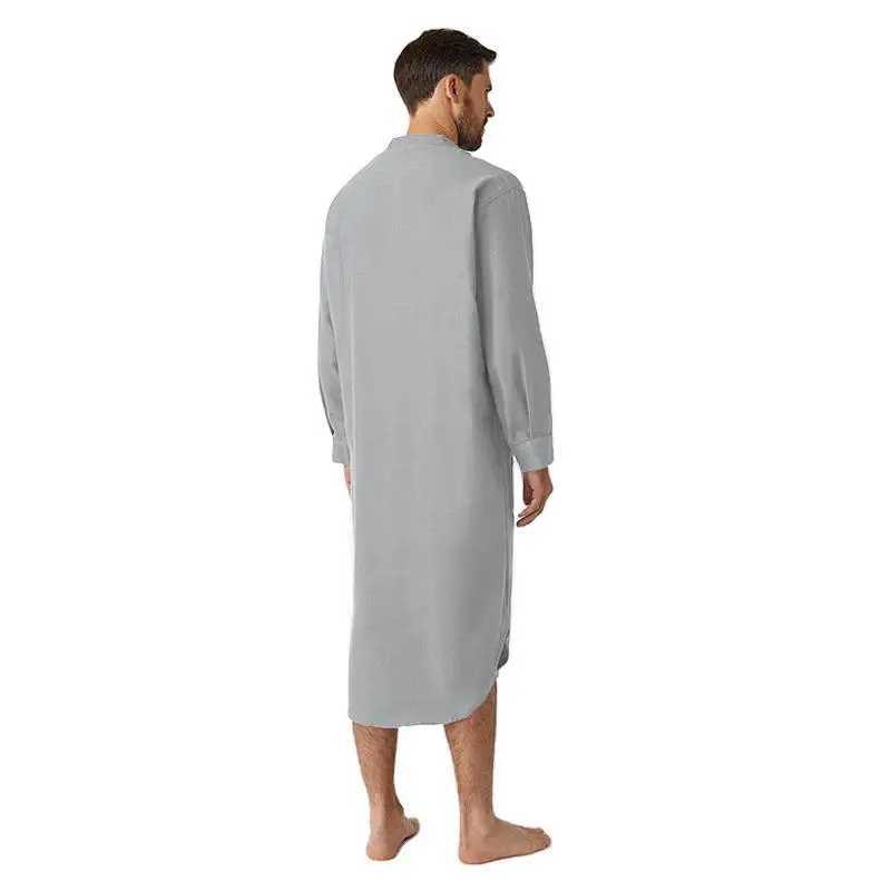 Mens Retro Stand Collar Muslim Nightgown Home Wear Long Sleeve Pocket Button-down Solid Color Sleep Robes Leisure 2024 New Y240919