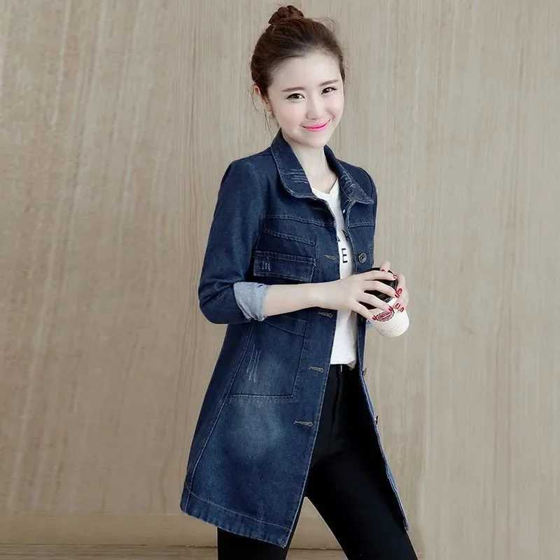 2024 New Autumn Winter Korean Denim Jacket Women Slim Long Base Coat Womens Frayed Navy Blue Casual Female Jeans Jackets CoatsX240920