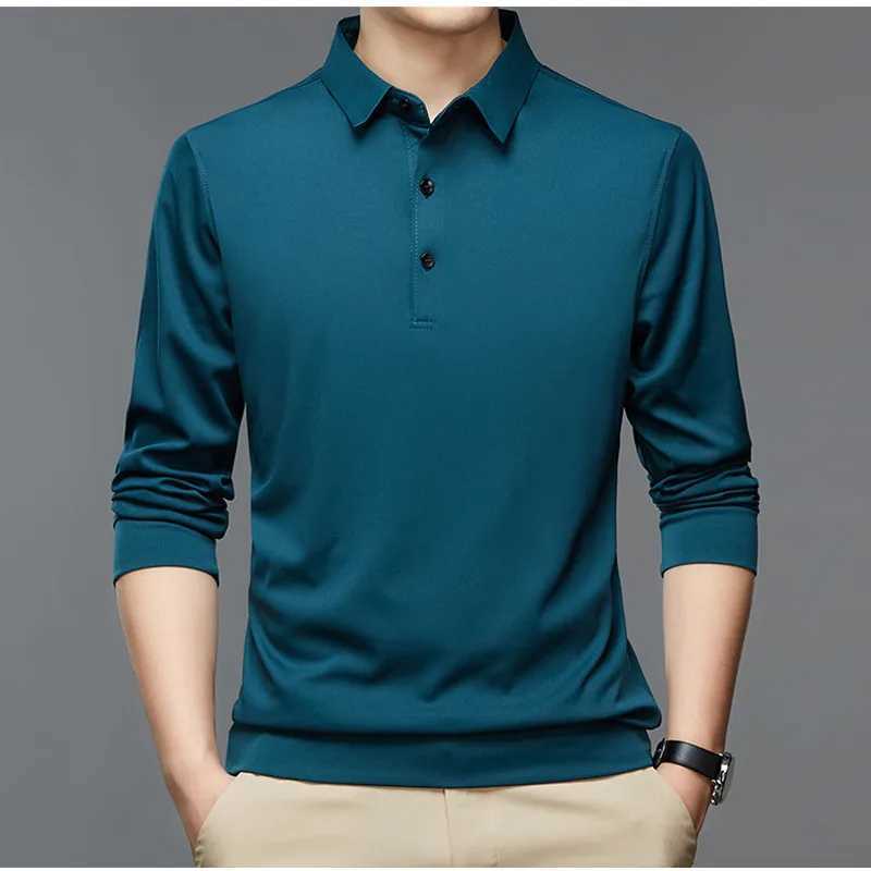 Fashion Men New Business Solid Polo Shirts Spring Autumn Thin Long Sleeve Button Lapel Male Clothing Loose Casual T-Shirt TopsX240920