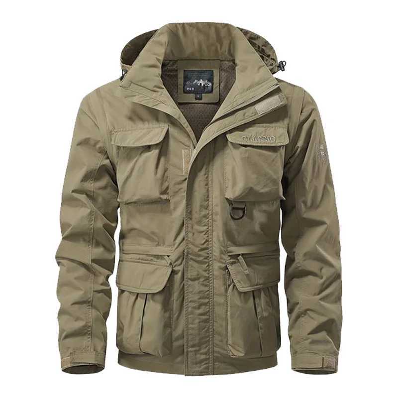 Men Outdoors Hooded Multiple Pockets Safari Style Jackets New Spring Autumn Male Traveling Windproof Waterproof Jackets Coats 5X M240919