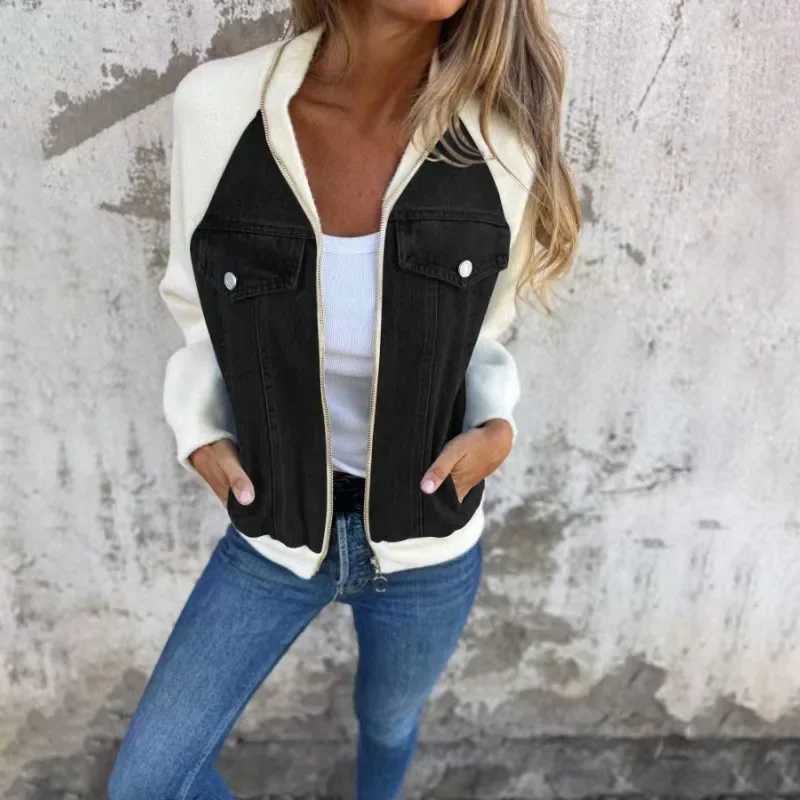 Fashion Patchwork Style Handsome Stand Collar Jackets Female Zipper Wild Slim Denim Coats Tops Autumn Winter Outerwear 2024 NewX240920