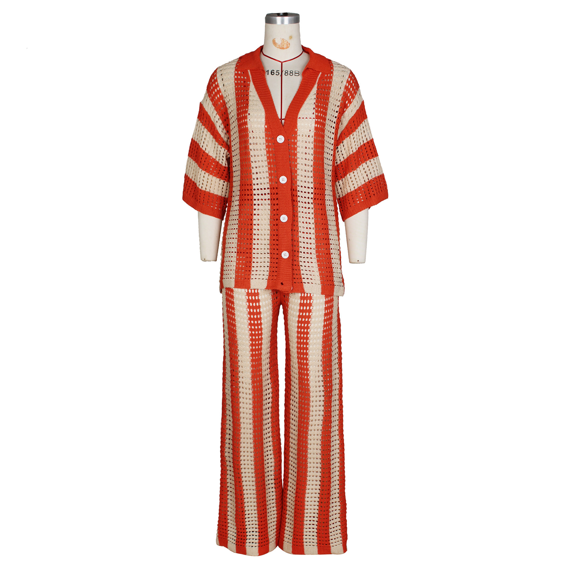 2024 Women's sexy V-neck hollowed out striped lapel knitted wide pants set