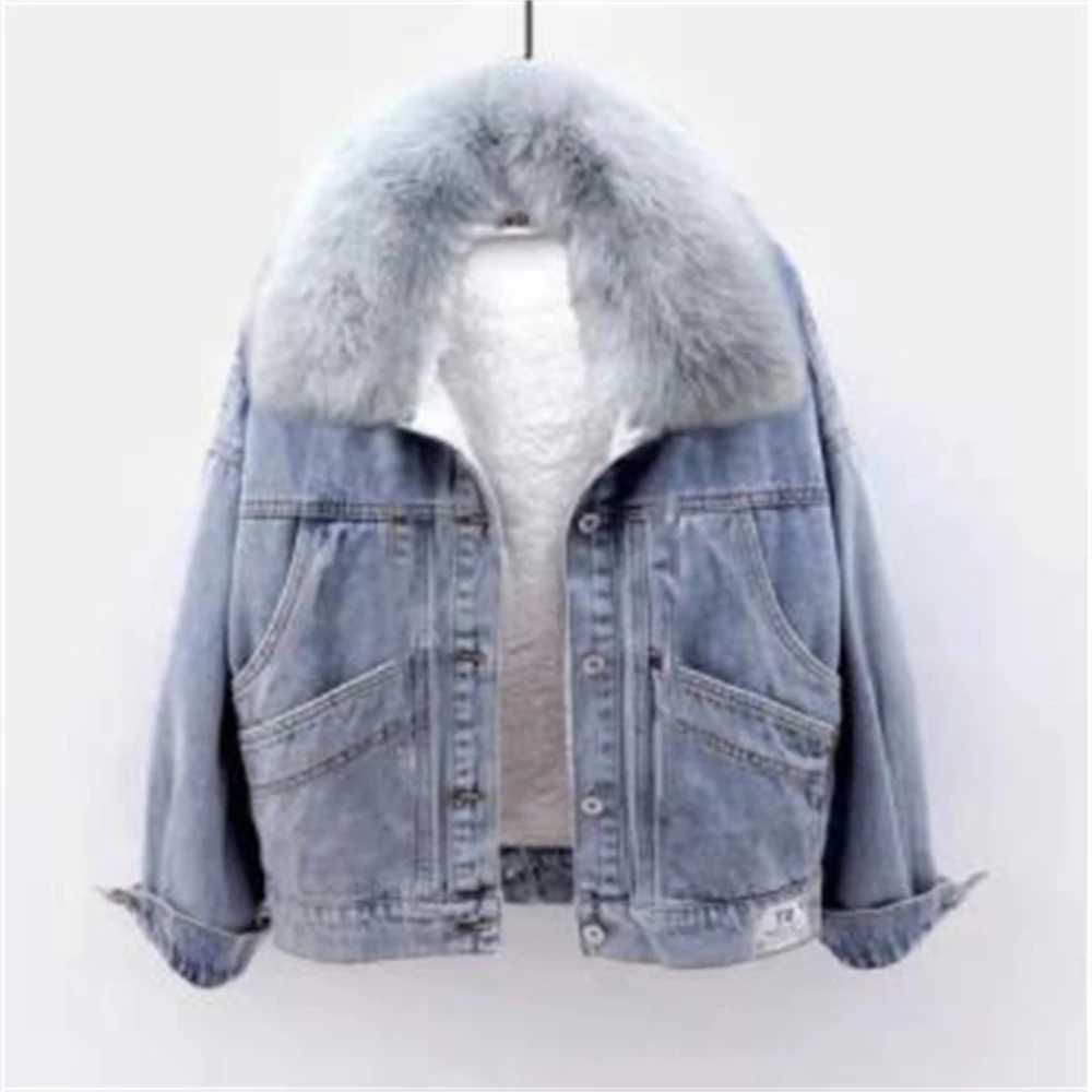 2024 Winter Denim Jacket Women Fashion Fur Collar Warm Fleece Velvet Lining Denim Coats Bomber Jacket Female Blue Chaqueta MujerX240920