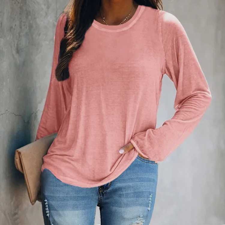 Women Fashion Spring Autumn Casual Long Sleeve T-shirt Solid Color Loose Blouse Ladies Fashion O-neck Shirt Tops S-5XL M240920