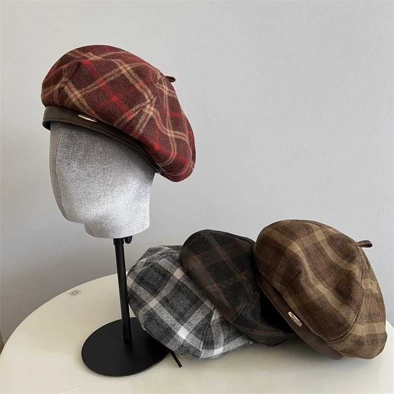 Big head leather edge beret female British retro plaid woolen octagonal hat versatile painter hat femaleX240919