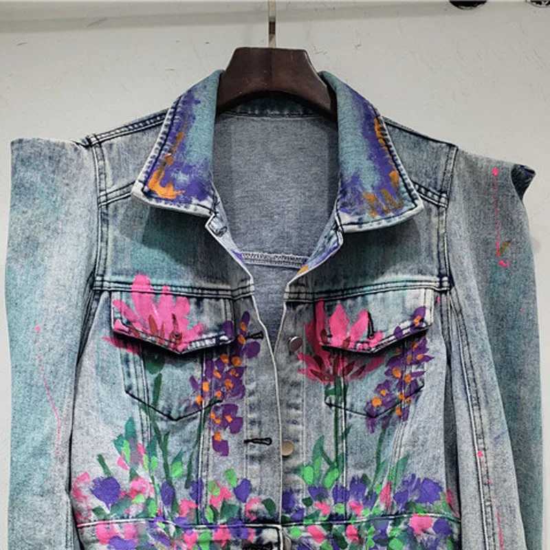 Streetwear Fashion Hand-painted Flower Graffiti Printing Short Denim Jacket Spring Autumn Women Lapel Long Sleeve Jeans JacketX240920
