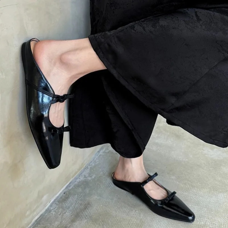 2024 Bow Mary Jane Womens Pointed Shiny PU Leather Flat Ballet Shoes Party Dress Womens Slippers Zapatillas Mujer 240919