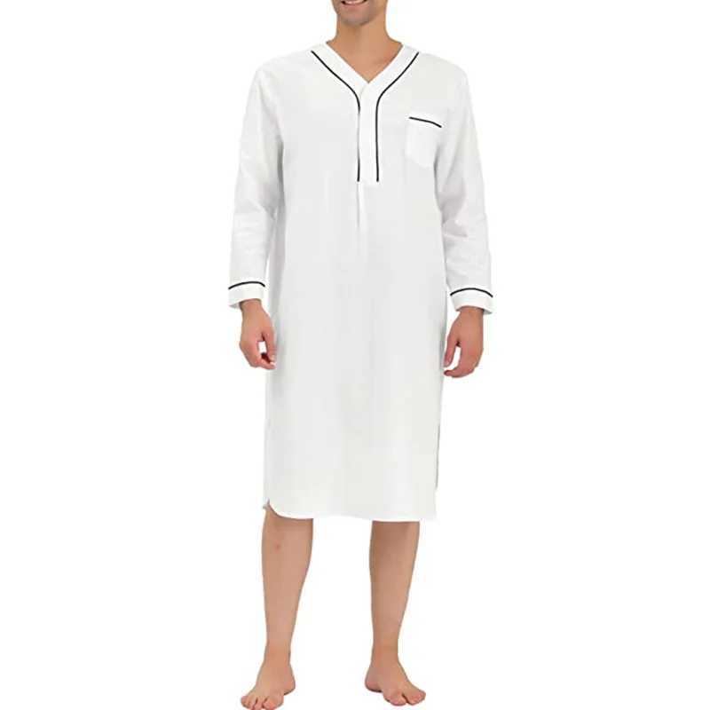 Mens Casual Long Sleeve V-neck Pajamas Fashion Homewear Loose Fit Solid Color Premium Pajamas Nightgown 2024 New Y240919