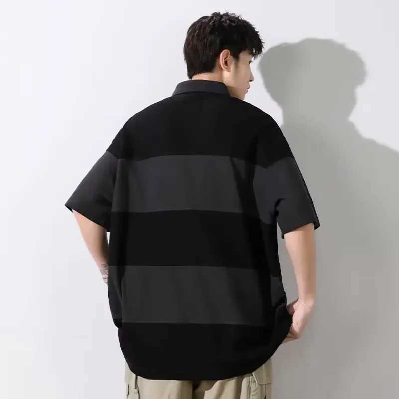 Paul Charcoal Grey Striped Polo Shirt Mens Lapel Elegant Simple Short Sleeves Vintage Color Blocking Half Sleeve Sport TopX240920