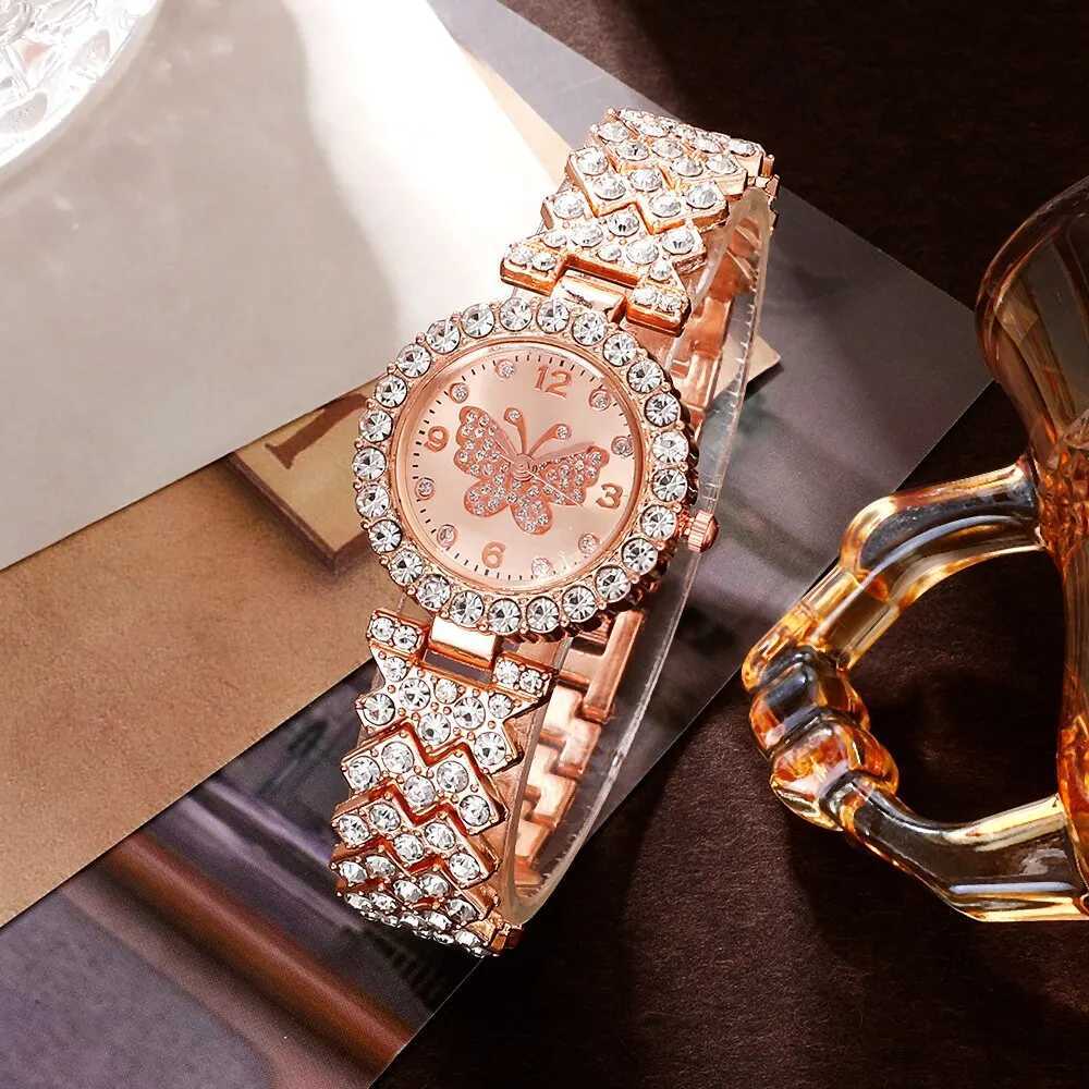 6pcs Jewelry Set Rose Gold Luxury Watch Women Ring Necklace Earring Rhinestone Fashion Wristwatch Casual Ladies WatchesX240920