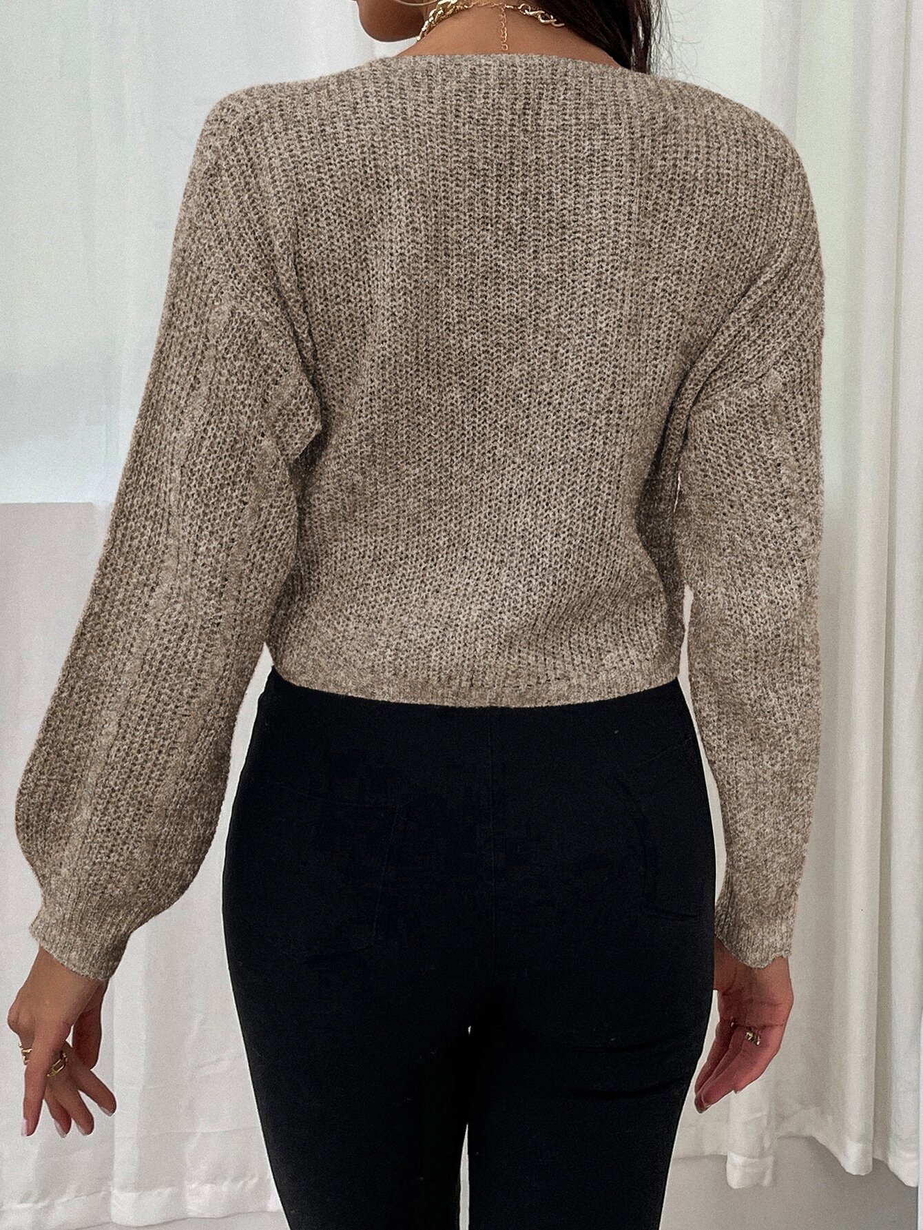 Women Fashion White Sexy Deep V-Neck Women's Knitted Sweater Drawstring Tie Up Ruched Slim Fit Knit Pullover Ribbed Crop Top