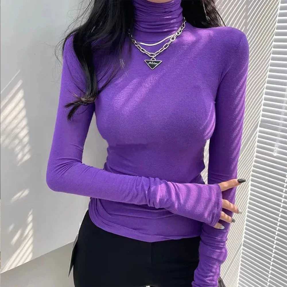 Womens Turtleneck T-Shirts Knitted Collar Without Stitching Casual Tops Long Sleeved Ribbing Clothes Version My Body My Choice M240920 - view 5