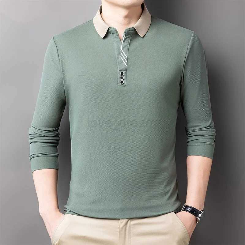 New Mens Casual Stripe Plaid Long Sleeve Polo Shirt Fashion Solid Polo TopXJ240920