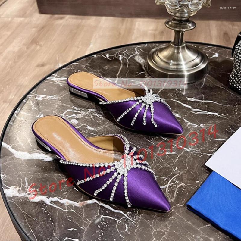 Slippers Crystal Wrap Pointy Toe Satin Women Luxury Sparkly Block Low Heel Shoes Ladies Trending Glittery Dress Flat Slides