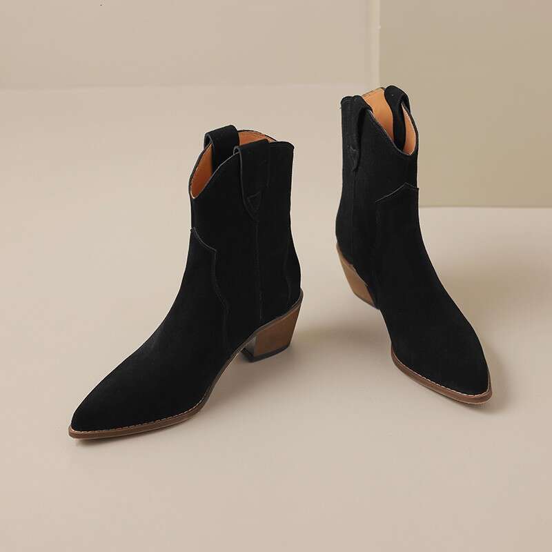 Dilalula Genuine Leather Women Cow Suede Pointed Toe Med Thick Heels Slip On Short Boots Female Autumn 2024