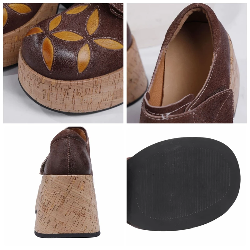 Koznoy 7.5cm Cow Suede Genuine Leather Ethnic Spring Round Toe Hook Shallow Mary Jane Platform Wedge Ladies Luxury Shoes Women