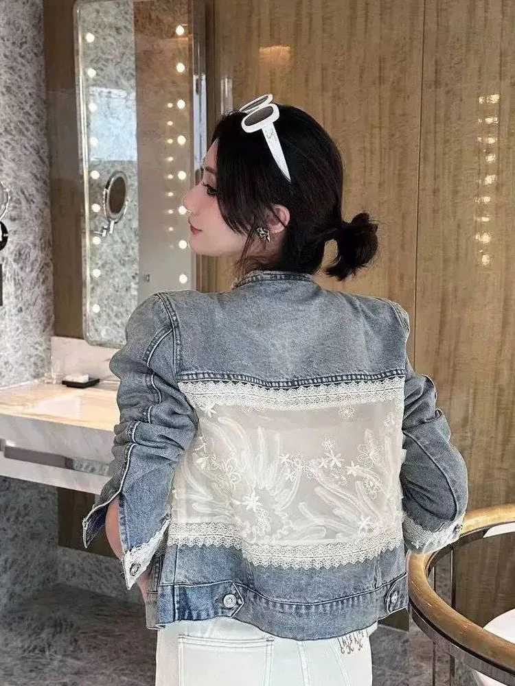 Lace Patchwork Denim Jacket New Small And Short Top For Womens 2024 Spring Autumn Jackets Woman 2024 Womens Denim JacketX240920