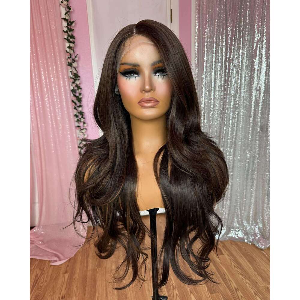 Dark Brown Blonde Synthetic Hair Long Wavy Pre Plucked 13X4 Lace Front For Black Women Glueless 180Density Daily Wear Wigs
