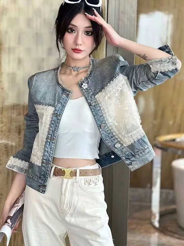 Lace Patchwork Denim Jacket New Small And Short Top For Womens 2024 Spring Autumn Jackets Woman 2024 Womens Denim JacketX240920