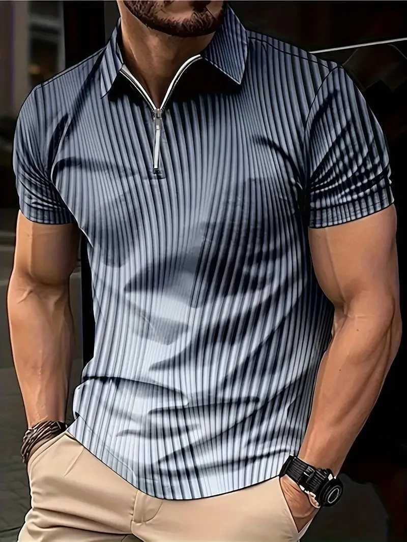 Mens Colour Block Stripe Short Sleeve Summer Thin Polo ShirtStylish Zipper Crew Neck Polo ShirtMens Golf Casual Polo ShirtX240920