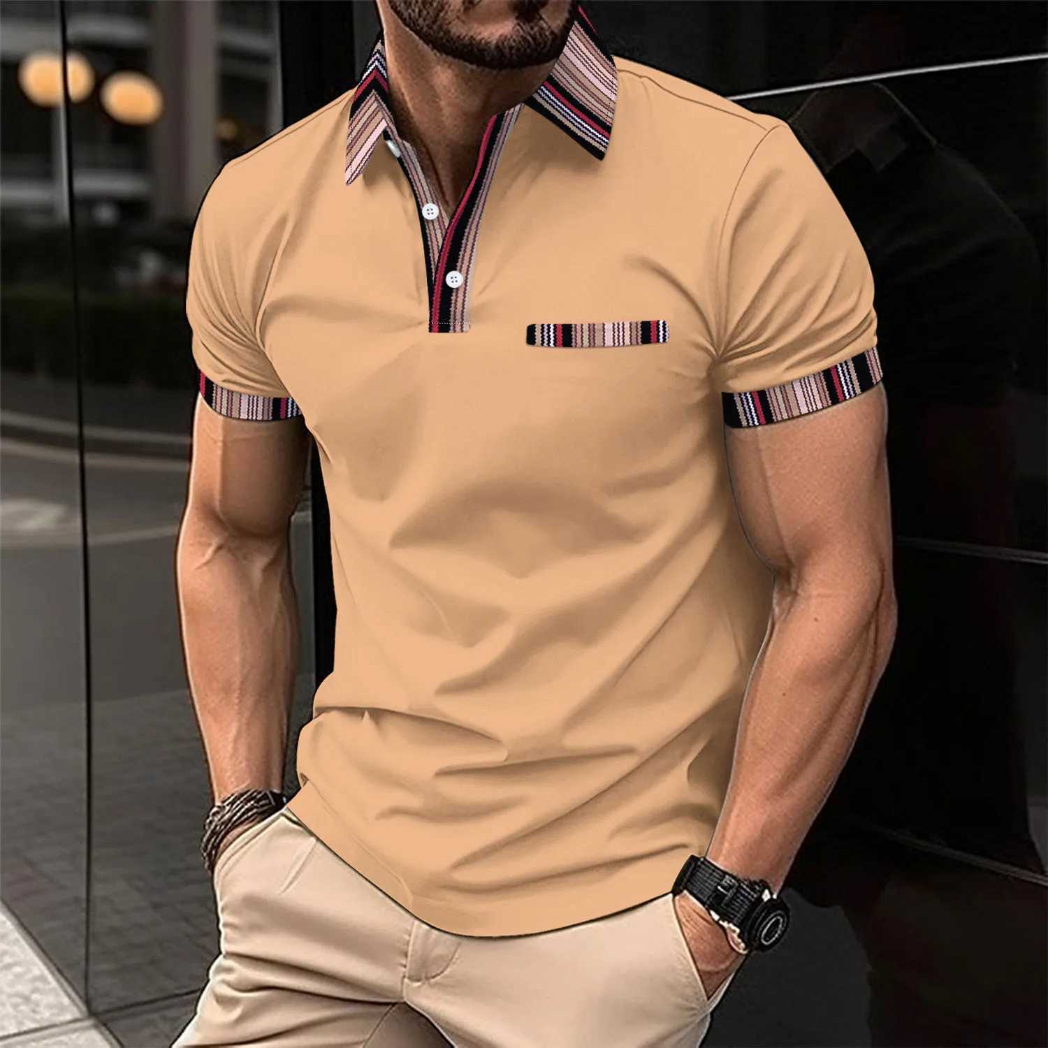 Mens casual POLO shirt chest fake pocket striped color matching buttons mens T-shirt breathable topX240920