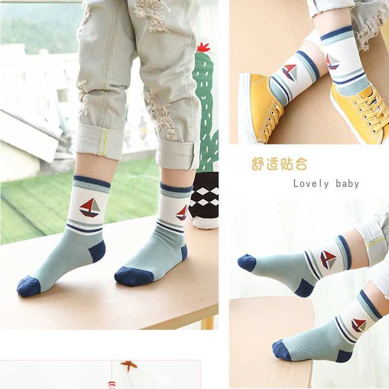 Kids Socks Children Wit Autumn And Winter New Kids Socks Cotton Cute Sailboat Pattern Boys Girls Socks 3-12 Year Student socks 5 Pairs Q240920