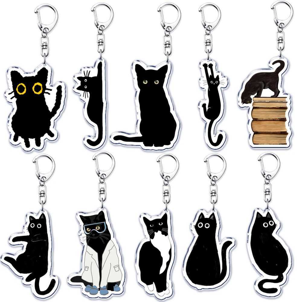 Cute Kawaii Little Black Cat Acrylic Keychains Funny Pet Kitty Keyring for Accessories Bag Pendant Key Chain Jewelry Fans GiftsX240919