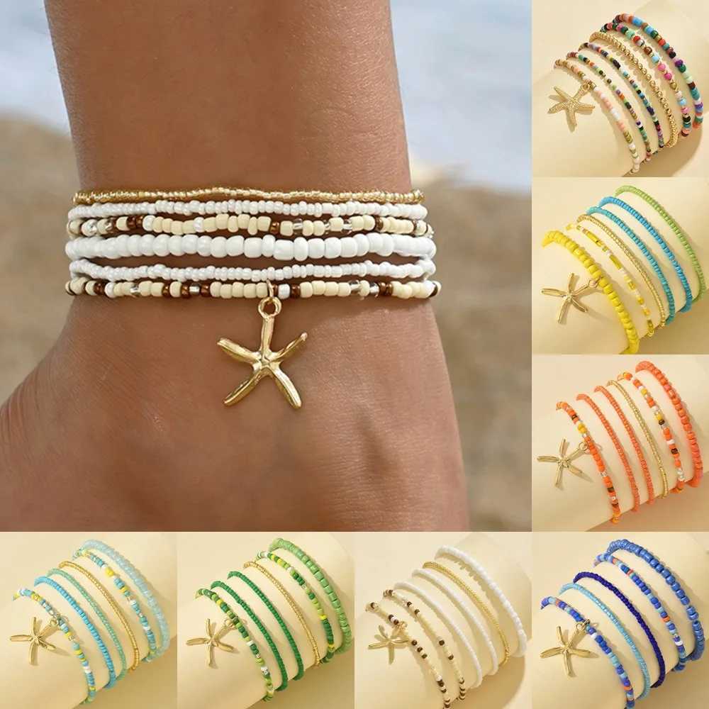 6pcs Set Summer Beach Acrylic Round Ball Beaded Starfish Anklet for Women Retro Trend Multilayer Foot Jewelry Holiday Accessory Y240920