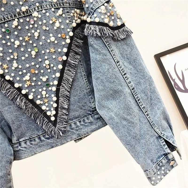 2024 New Mujer Spring Autumn Streetwear Denim Jacket Women Hand-studded Pearls Punk Tassel Veste Femme Loose Short Jeans CoatsX240920