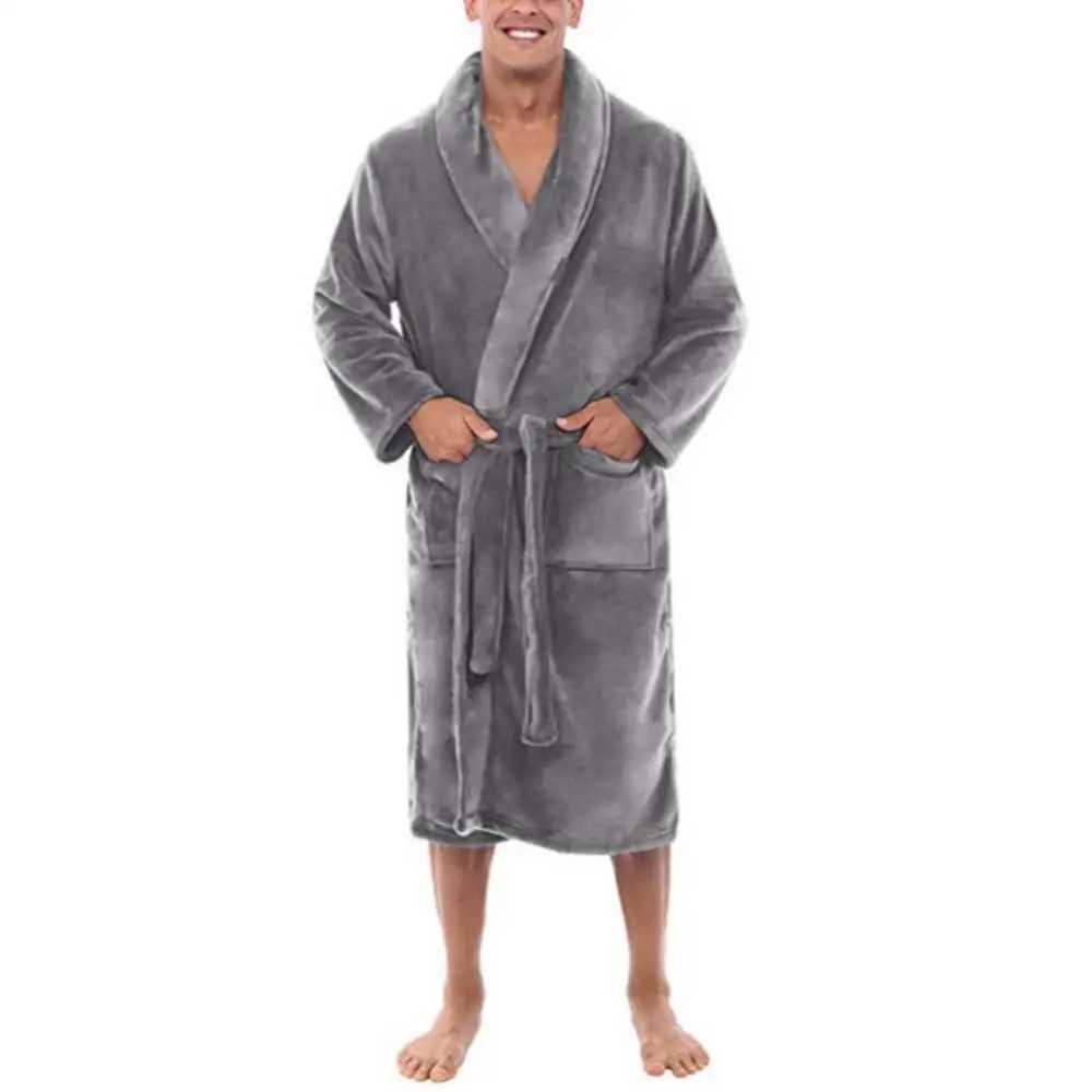 Men pajamas bathrobe Shawl Collar Fleece Solid Long Bath Robe Home Gown Sleepwear Warm Clothes Autumn Winter Robes with Pocket Y240919