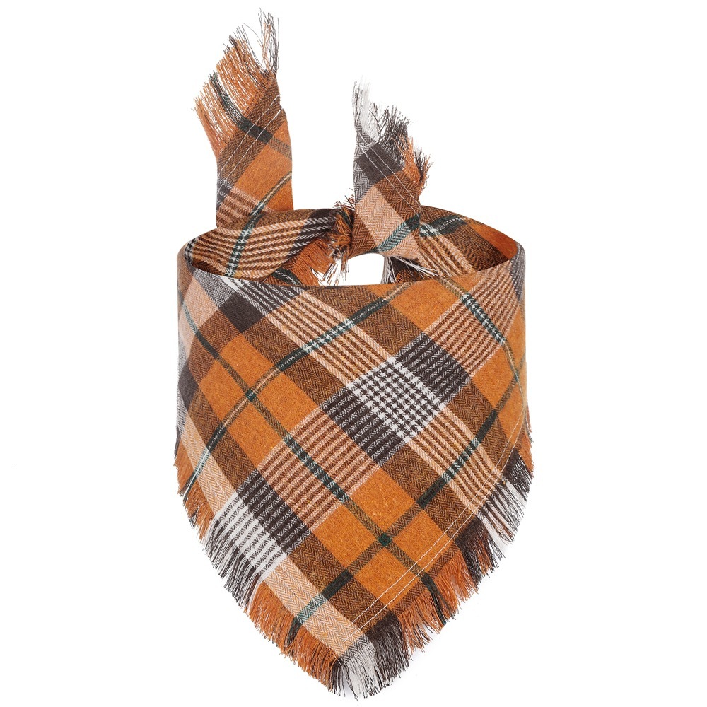 Dog Bandanas with Tassels Edges Stylish Plaid Dog Halloween Thanksgiving Scarf Bib Orange Plaid Fall Bandanas for Medium Large Dogs Pets
