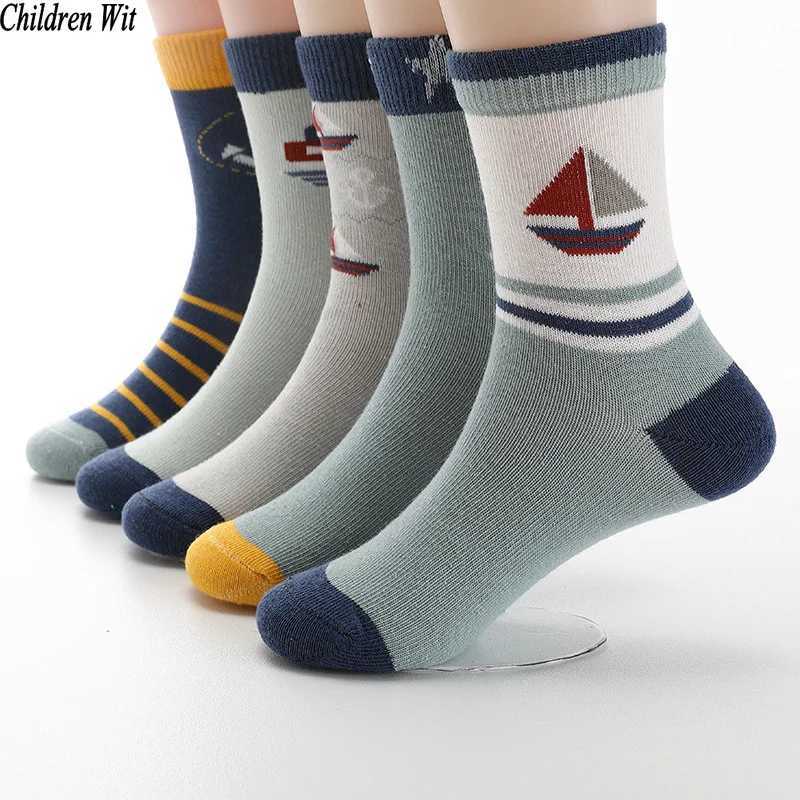 Kids Socks Children Wit Autumn And Winter New Kids Socks Cotton Cute Sailboat Pattern Boys Girls Socks 3-12 Year Student socks 5 Pairs Q240920
