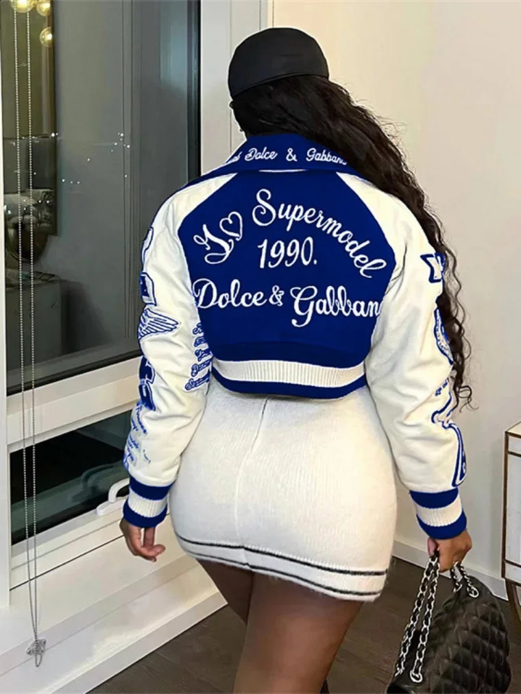 Spring Casual Long Sleeve Short Coat Fashion Letter Printing Patch Work Sheet Chest Bomber Jacket Coat 240919